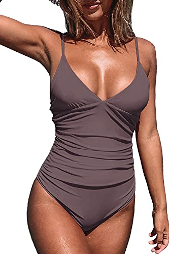 CUPSHE Women's One Piece Swimsuit Tummy Control V Neck Two Piece Bathing Suits, Cafe Brown, XL