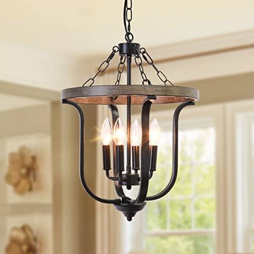 CWarmozy Farmhouse 4-Light Cage Chandelier 14.5" Black Metal and Faux Wood Rustic Chandelier for Dining Room Adjustable Pendant Light Fixture for Kitchen Island Entryway Foyer Bedroom Hallway