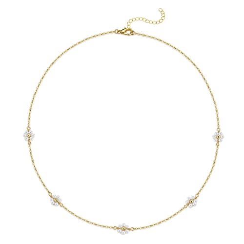 Daisy Flower Choker Necklace 14K Gold Plated Beaded Pearl Choker Necklace for Women Girls Jewelry Gifts