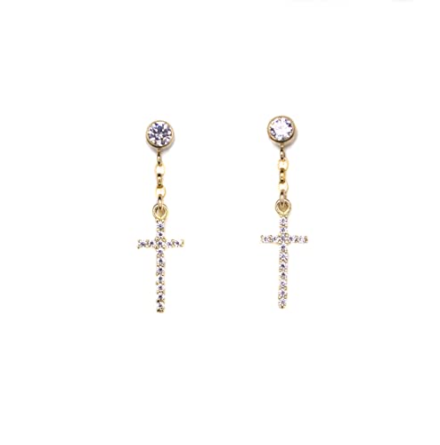 Dangle cross earrings 14K Gold Filled with Cubic Zirconia diamonds - Handmade in the USA. (CLEAR CZ Stud, 14K Gold Filled/PAIR - 2 earrings)