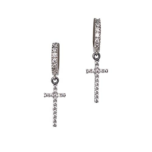 Dangle Cross Huggie Hoop Earrings in Sterling Silver with CZ Diamonds – Handmade in the USA.