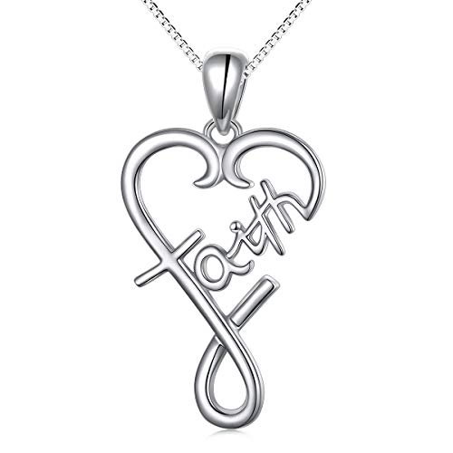 DAOCHONG S925 Sterling Silver Word Calligraphy Jewelry Faith Inspirational Message Charm Love Heart Pendant Necklace For Women Girls Men Boys,18 inches