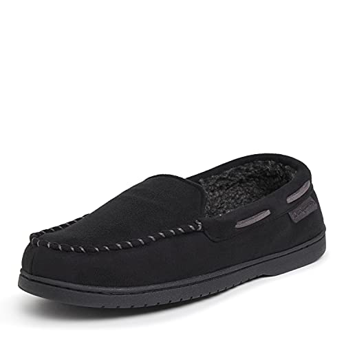 Dearfoams Men's Keaton Memory Foam Moccasin with Wide Widths Slipper, Black Microsuede, Medium