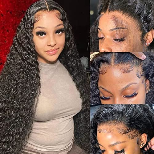 Deep Wave Lace Front Wigs Human Hair Premium Glueless Lace Front Wigs Human Hair Pre Plucked with Baby Hair Wet and Wavy Lace Front Wigs 180% Density Brazilian Virgin Human Hair Wigs For Black Women 22 Inch