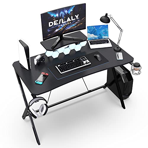 DEILALY Gaming Desk 45 Inch Large Gamer Desk Computer Desk with Monitor Stand Shelf Mesa Carbon Fiber Gaming Gamer Table Y Shaped Workstation PC Desk Study Table Carbon Steel Legs Home Office Black