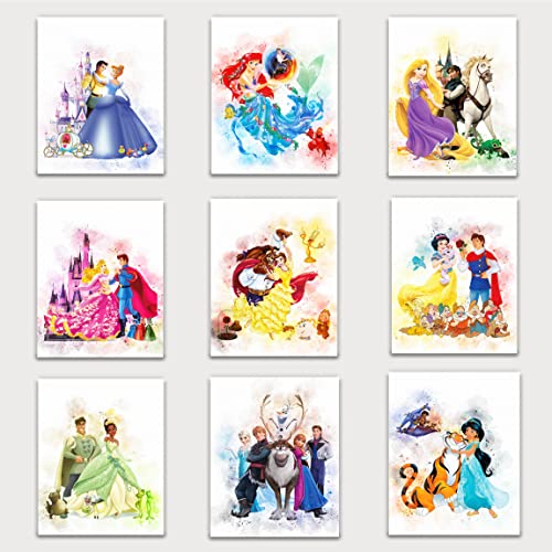 DERMAN HOUS Princess Wall Art Decor Watercolor Prints - Set of 9-8 x 10 Inch - Princess Bedroom Decor, Princess Room Decor, Princess Wall Decor For Girls Bedroom- UNFRAMED