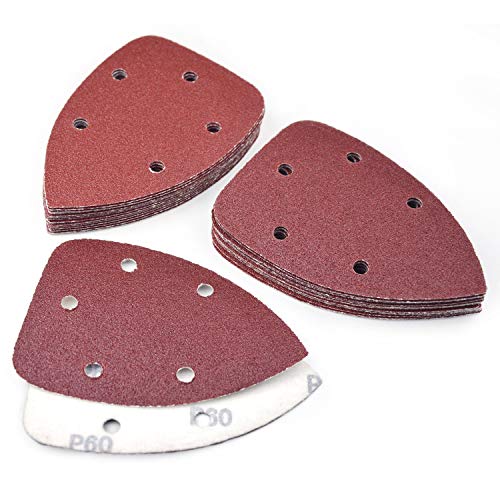 Detail Sander Sandpaper 30Pcs 5-Hole 60 Grit Aluminum Oxide Mouse Sanding Pad Hook & Loop Mouse Detail Sander Pads for Wood Furniture, Triangle Sand Paper for 140mm Palm Sanding Machine