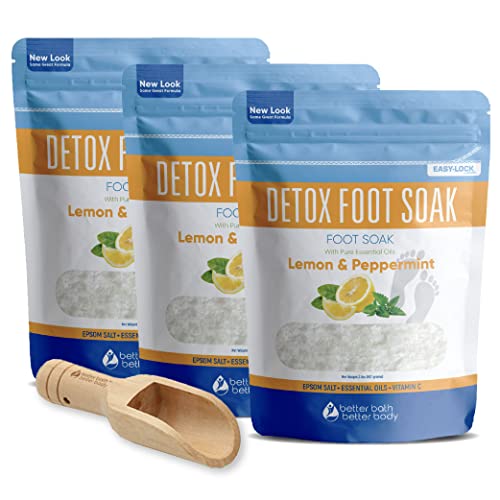 Detox Foot Soak (3-Pack Plus Scoop) Epsom Salt Foot Soaks Dry Feet, Athlete's Detox Foot with Pure Essential Oils in BPA Free Pouch with Press-Lock Seal Made in USA, Three 2-Lbs Pouches 6-Lbs Total