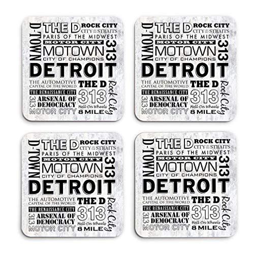 Detroit Michigan Nicknames Typography Hardboard Masonite Drink Coasters (Set of Four)