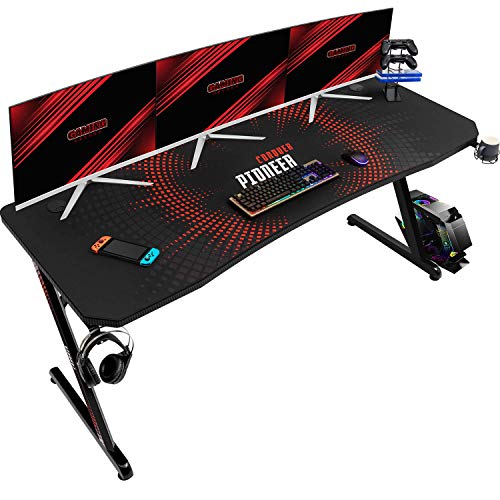 Devoko Gaming Desk Computer Gaming Desk Z-Shaped Pc Gaming Desk with Carben Fiber Surface Gamer Desk with Free Mouse Pad Home Office Desk with Cup Holder and Headphone Hook (63 inch, Black)