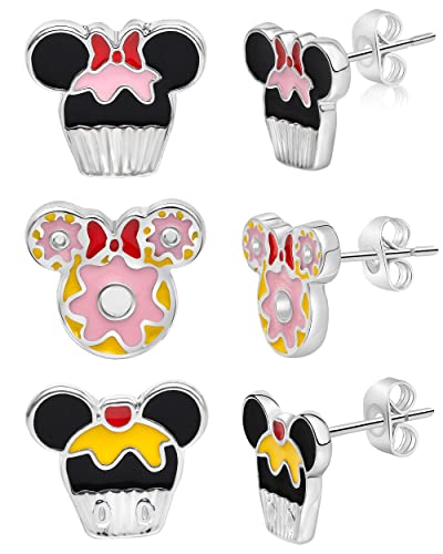 Disney Mickey and Minnie Mouse Fashion Stud Earring - Cupcakes and Donut Silver/Pink - Set of 3 pairs