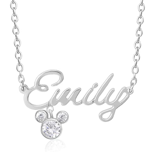 Disney Mickey Mouse Personalized Jewelry - Sterling Silver Name Necklace Personalized, Custom Name Pendant, Cubic Zirconia Mickey - Script Font Name Necklace