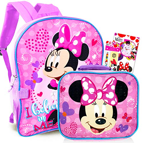 Disney Minnie Mouse Backpack with Lunch Box for Girls 5 Pc Bundle ~ Deluxe 16" Minnie Bag, Insulated Lunch Bag, Stickers, and More (Minnie Mouse School Supplies) (Minnie Mouse Pink)