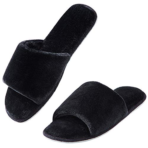 DL Open Toe Slippers for women Indoor, Cozy Memory Foam Womens House Slippers Summer Slip On, Comfy Soft Flannel Womens Bedroom Slippers Slide Breathable Size 9-10 Black