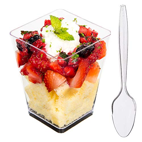 DLux 100 x 5 oz Mini Dessert Cups with Spoons, Square Large - Clear Plastic Parfait Appetizer Cup - Small Reusable Serving Bowl for Tasting Party Desserts Appetizers - With Recipe Ebook