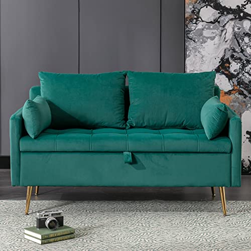 DM Furniture Mini Loveseat with Storage, Modern 53" Button Tufted Tiny Sofa Couches for Living Room/Bedroom/Office/End of Bed, Velvet Fabric, Peacock Green