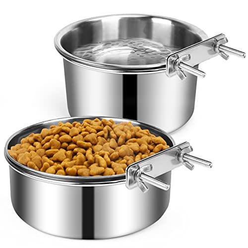 Dog Crate Water Bowl, 2 pcs Stainless Steel Dog Bowls, Durable Anti-Spill Pet Metal Bowl for Cage Kennel Crate, Hanging Water/Food Bowl for Medium & Large Dogs (7.1x3.5'' & 6.3x2.6'')