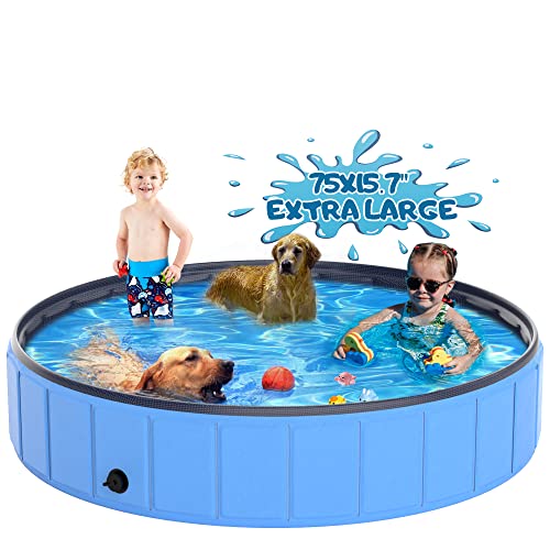 Dog Pool 75"x15.7", TOSKIESGO Extra Large Foldable Plastic Pool for Large Dogs, 0.55mm Durable and Collapsible Pet Bathing Tub Portable Outside Swimming Pool for Kiddie and Dogs