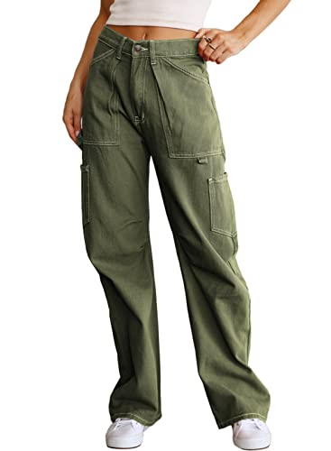 Dokotoo Cargo Pants Women High Waisted Baggy Wide Leg Womens Pants 6 Pockets Y2K Clothing Casual Combat Military Trouser Green