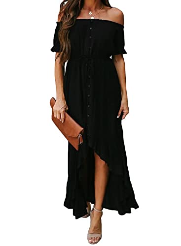 Dokotoo Womens Ladies Summer Sexy Off The Shoulder Casual Short Sleeve Button Down Maxi Midi Long Dress High Low Solid Ruffle Easter Party Dresses Black Medium