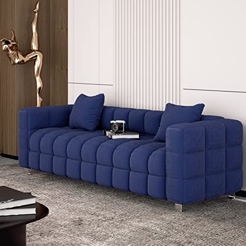 Dolonm Modern Sofa Couch with Metal Legs Upholstered Tufted 3 Seater Couch with 2 Pillows Decor Furniture for Living Room, Bedroom, Office, 80 Inch Wide (Blue-Teddy)