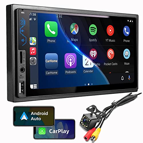 Double Din Car Stereo Compatible with Apple CarPlay and Android Auto - 7inch HD Touchscreen Car Audio Receivers with Bluetooth, Mirror Link, Backup Camera, SWC/USB/AUX/TF/Subwoofer, FM Car Radio