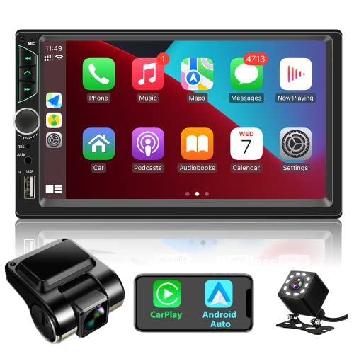 Double Din Car Stereo with Dash Cam,Compatible with Apple Carplay,Android Auto,7 inch Touch Screen Car Radio Receiver with Bluetooth, Mirror Link, Backup Camera, Navigation, FM, USB/TF/AUX