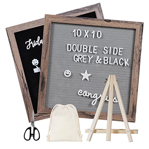 Double Sided Felt Letter Board Letter Board 10x10in Letter Board With Slant Vintage Wood Frame With Letters and Numbers (Double Sided(grey&black))