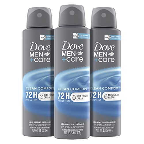 Dove Men+Care Antiperspirant Deodorant Dry Spray Clean Comfort 3 Count For Men 72-hour Sweat and Odor Protection with Triple Defense Technology 3.8 oz