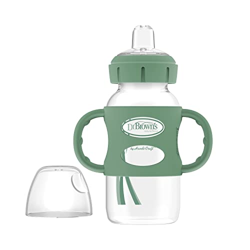 Dr. Brown s Milestones Wide-Neck Sippy Bottle with 100% Silicone Handles, Easy-Grip Bottle with Soft Sippy Spout, 9oz/270mL, BPA Free, Green, 6m+,1 Count (Pack of 1)