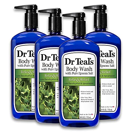 Dr. Teal's Body Wash with Pure Epsom Salt, Relax & Relief with Eucalyptus & Spearmint, 24 fl oz (Pack of 4),