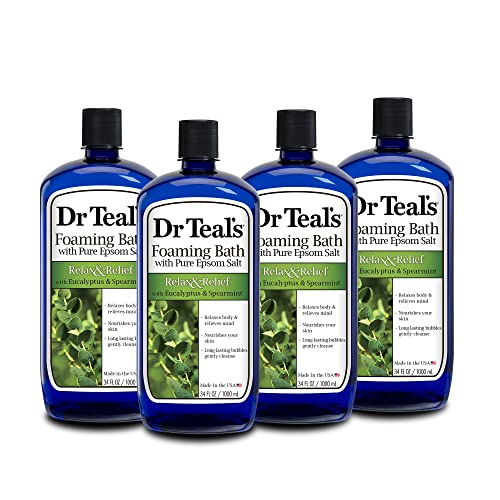 Dr Teal's Foaming Bath with Pure Epsom Salt, Relax & Relief with Eucalyptus & Spearmint, 34 fl oz (Pack of 4)