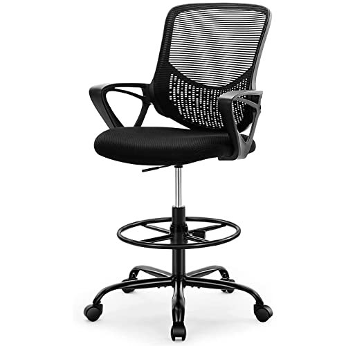 Drafting Chair, Ergonomic Tall Office Chair, Mid Back Mesh Standing Desk Chair with Adjustable Foot Ring and Armrest, Swivel Rolling Counter Height High Work Stool, Black