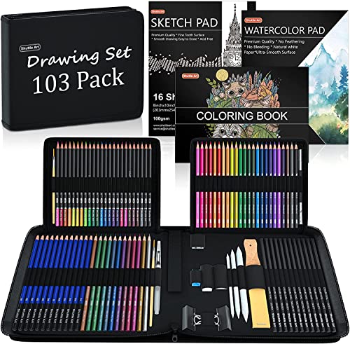 Drawing Kit, Shuttle Art 103 Pack Drawing Pencils Set, Sketching and Drawing Art Set with Colored Pencils, Sketch and Graphite Pencils in Portable Case, Drawing Supplies for Kids, Adults and Artists