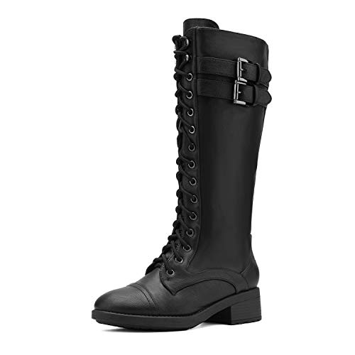 DREAM PAIRS Women's Georgia Black Faux Leather Pu Knee High Riding Combat Boots - 8.5 M US