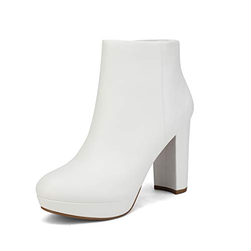 DREAM PAIRS Women's Stomp White Pu High Heel Ankle Boots Size 11 B(M) US