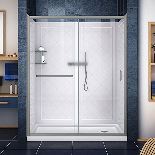 DreamLine Infinity-Z 32 in. D x 60 in. W x 76 3/4 in. H Clear Sliding Shower Door in Brushed Nickel, Right Drain Base, Backwalls, DL-6117R-04CL