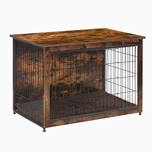 DWANTON Dog Crate Furniture with Cushion, Wooden Dog Crate Table, Double-Doors Dog Furniture, Indoor Dog Kennel, Dog House, Dog Cage Medium, 32.5" L