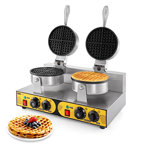 Dyna-Living Commercial Waffle Maker Double Heads Waffle Maker 110V 2400W Non-stick Round Waffle Maker Stainless Steel Waffle Iron Machine for Restaurant Bakeries Snack Bar