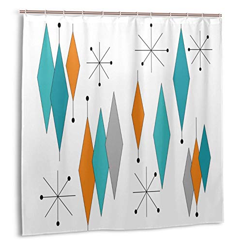 DZGlobal Mid Century Modern Shower Curtain Geometric Turquoise Orange Diamond Bathroom Curtain Sets 72 × 72 1950s Decor Polyester Fabric Curtain with 12 Shower Hooks