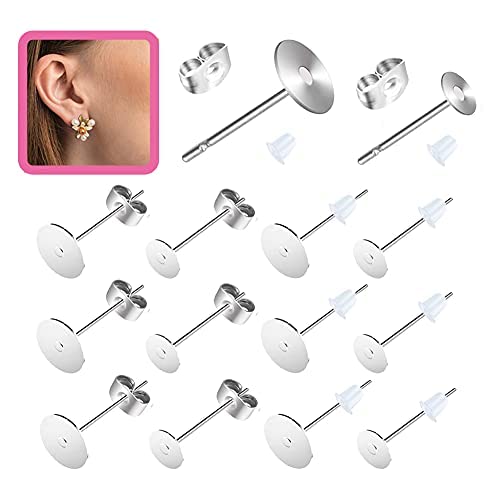 Earring Posts Stainless Steel Hypoallergenic, 420Pcs 4mm/6mm Steel Flat Pad Earring Studs, Butterfly and Clear Rubber Earring Backs for Jewelry Making DIY （Silver） (Silver)