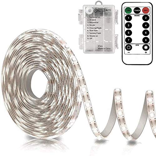 echosari Battery Operated Led Strip Lights White with Remote, 8 Modes, Dimmable, Timer, Self-Adhesive, Cuttable, for PC TV Kitchen Cabinet Shelves Bedroom Decor (3m 90LED)