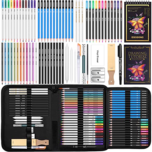 EGOSONG 73 Drawing set Sketching kit,Pro Art Sketch Supplies with Sketchbook,Tutorial,Graphite,Colored,Charcoal,Watercolor,Metallic pencils for Artists Adults Teens Beginners