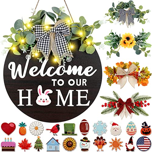 EgticLive Interchangeable Welcome Sign for Front Door, Farmhouse Front Door Signs with 4 Seasonal Wreaths and 21 Changeable Icons for House Door Porch Decor