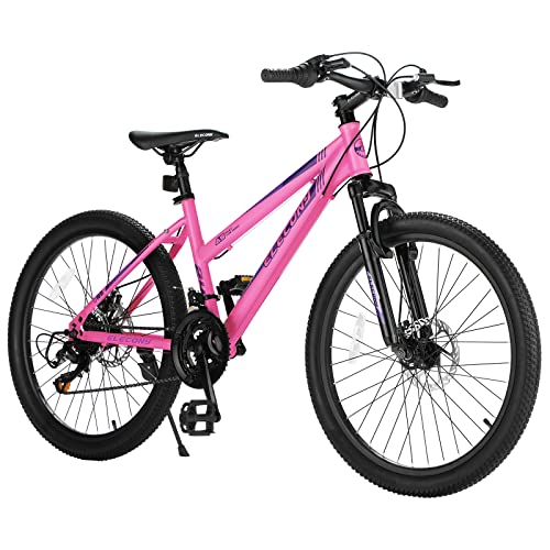 Elecony Mercury100 24 inch Mountain Bike for Teenagers Girls Women, Shimano 21 Speeds Gear MTB with Dual Disc Brakes and 100mm Front Suspension, White/Pink