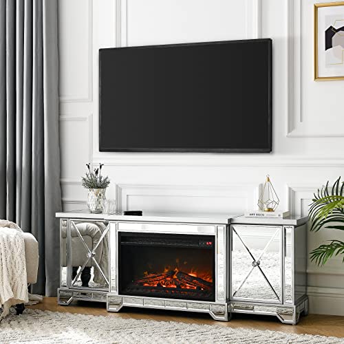 Electric Fireplace TV Stand for TVs up to 65”, Mirrored TV Stand with 18” LED Fireplace and Remote, Home Media Entertainment Center Silver TV Console Table Furniture for Living Room