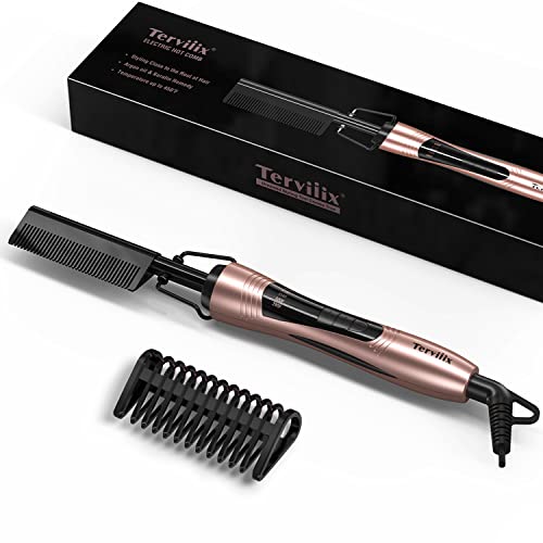 Electric Hot Comb by Terviiix, Pressing Combs for Black Hair, Wigs & Beard, Anti-Scald Straightening Comb with Keratin & Argan Oil Infused Teeth, Temperatures Adjustable, 60 Min Auto Shut Off