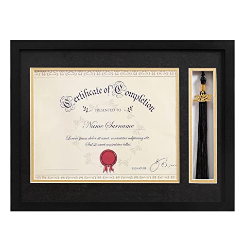 eletecpro 12x16 Diploma Frame with Tassel Holder for 8.5x11 Document or Certificate, Degree Frame for Class 2023 with 2 Mats Black and Gold, Wood Picture Frame