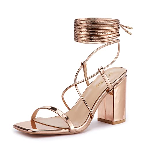 Elisabet Tang Women's Strappy Chunky Heels Sandals, Lace Up 3 inch Low Block Heels Ankle Wrap Heel Square Open Toe Tie Up Heeled Sandals Shoes Rose Gold Size 9