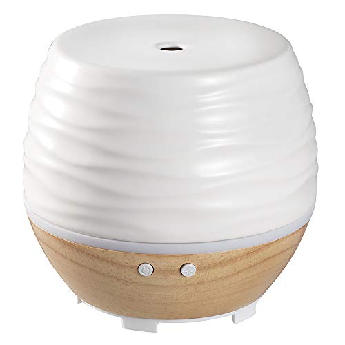 Ellia, Ascend Ultrasonic Aroma Diffuser Consciously Crafted Ceramic and Wood with Natural Aroma, Soothing Humidity, Gentle Glow, 6 Hours Continuous Runtime, and Essential Oil Starter Kit White